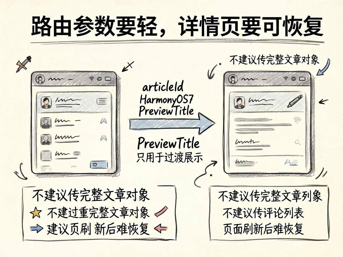 为一篇讲解 HarmonyOS7 router 跳详情页时不要传复杂对象的技术文章绘制一张 sket