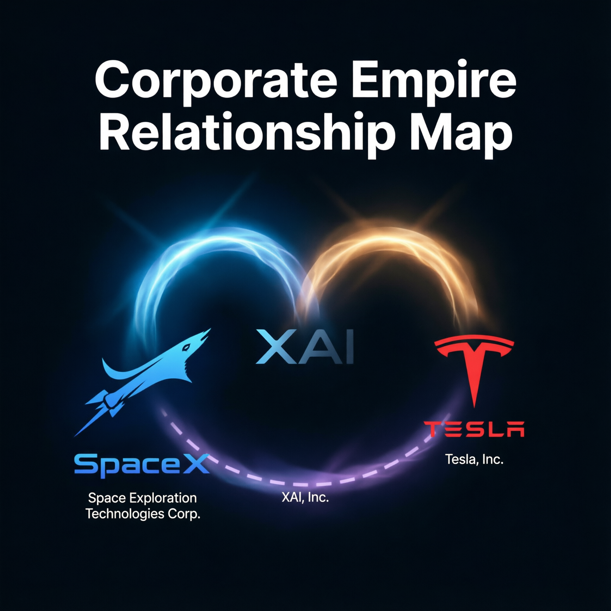 马斯克帝国各公司关系图谱，SpaceX、xAI、X、Tesla的连接线，现代商业地图风格
