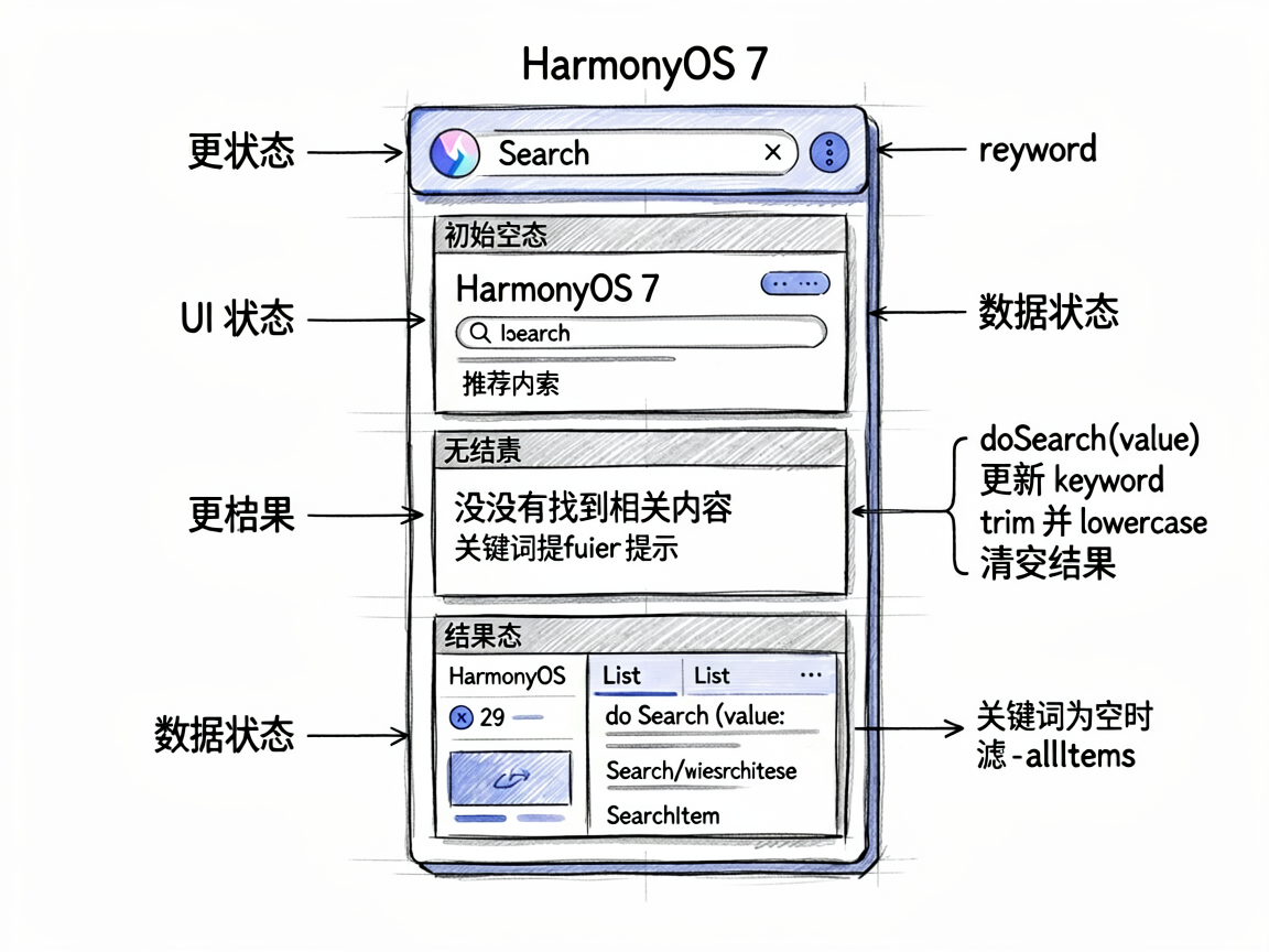 一张手绘系统框架插图，展示 HarmonyOS7 Search 页面在 ArkTS 中的结构拆分。中