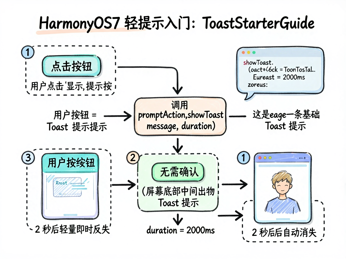 为《HarmonyOS7 轻提示入门：ToastStarterGuide》绘制一张手绘流程图，展示点