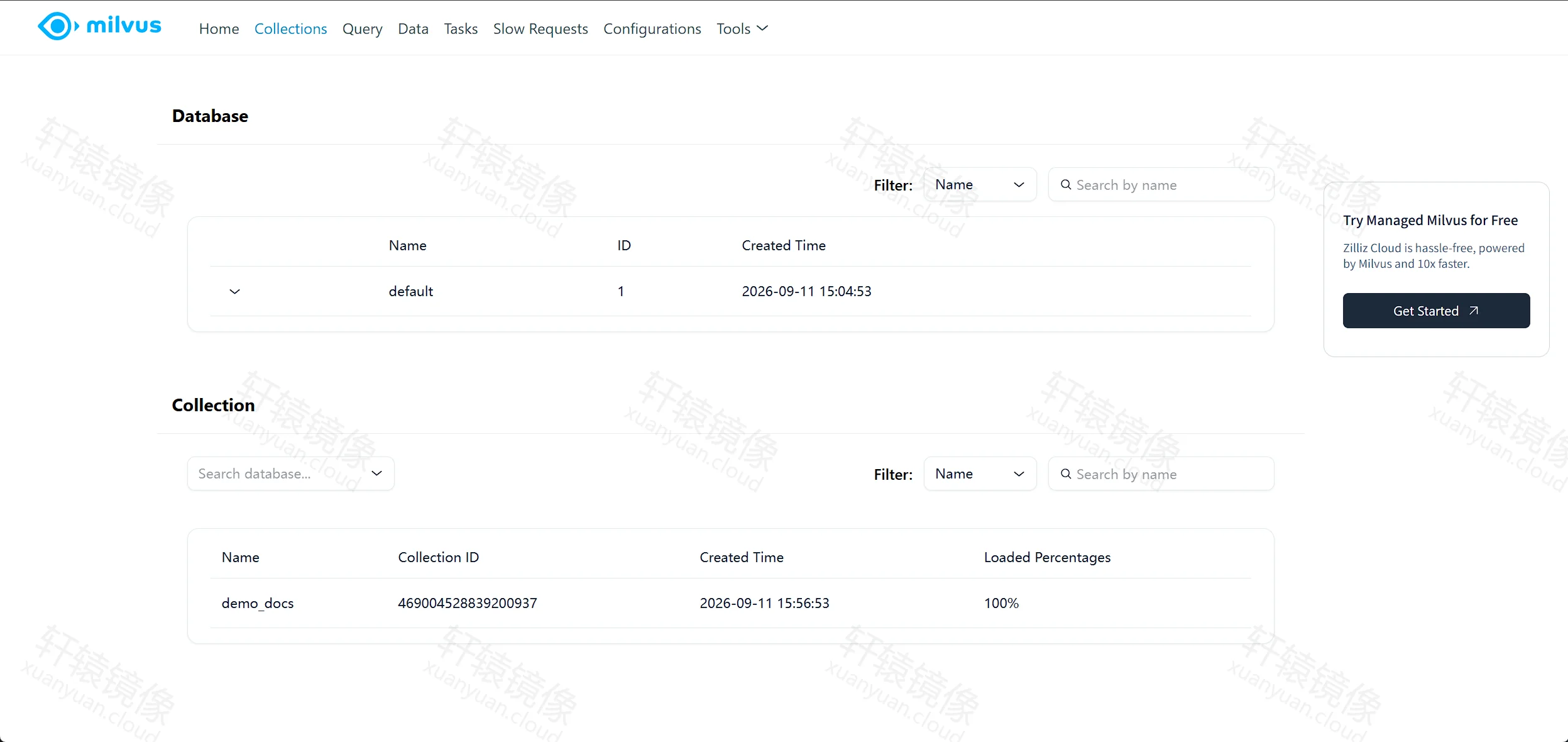 Milvus WebUI Collections：default 库下 demo_docs 已加载 100%