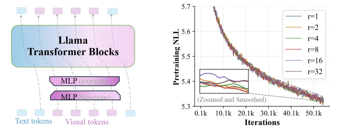 图3:视觉词汇维度冗余。左:两个 MLP 将视觉 token 的 rank 降低了 r 倍。右图:不同 r 值的预训练损失 (log-scaled perplexity),即使降维显著,性能影响很小