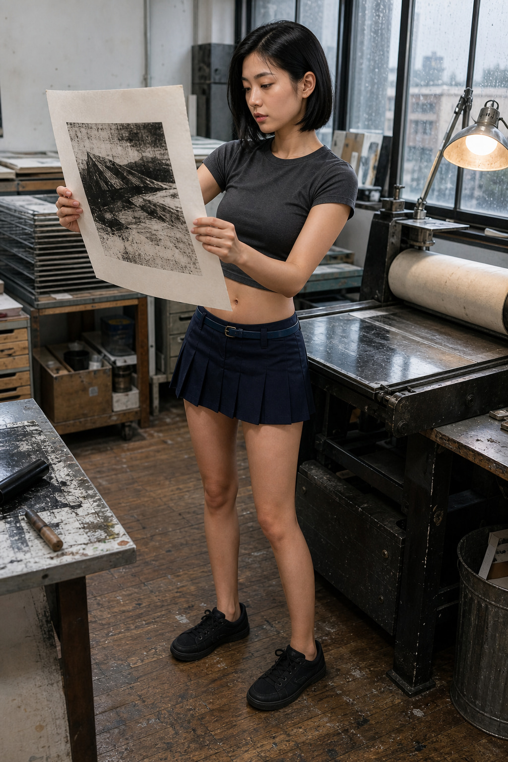 版画工作室亚洲成年女性藏蓝百褶裙时装