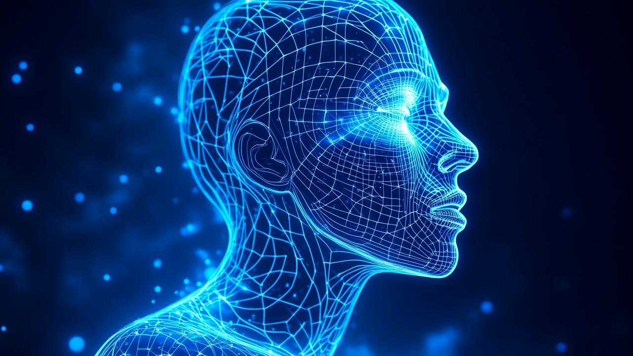 An abstract digital mask formed by flowing neon bl