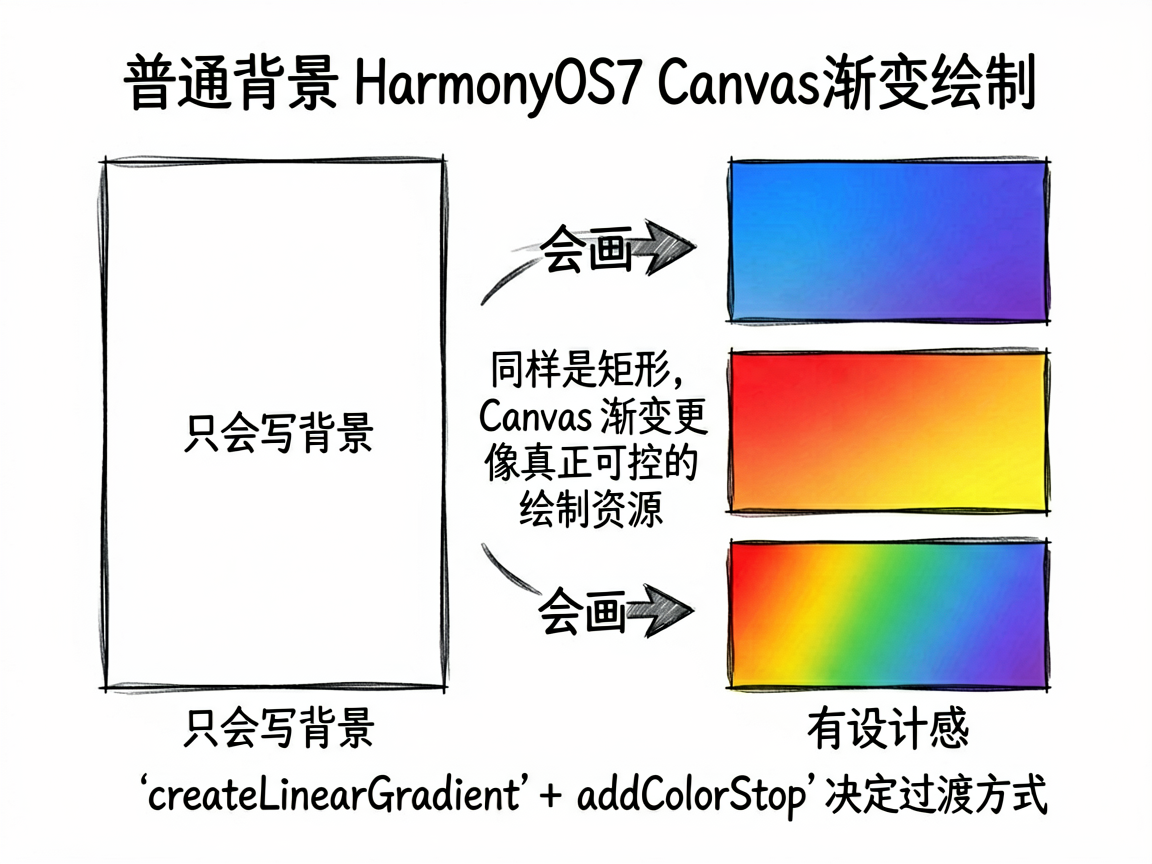 为一篇 HarmonyOS7 技术文章生成一张对比插图,主题是“普通背景 vs Canvas 渐变绘
