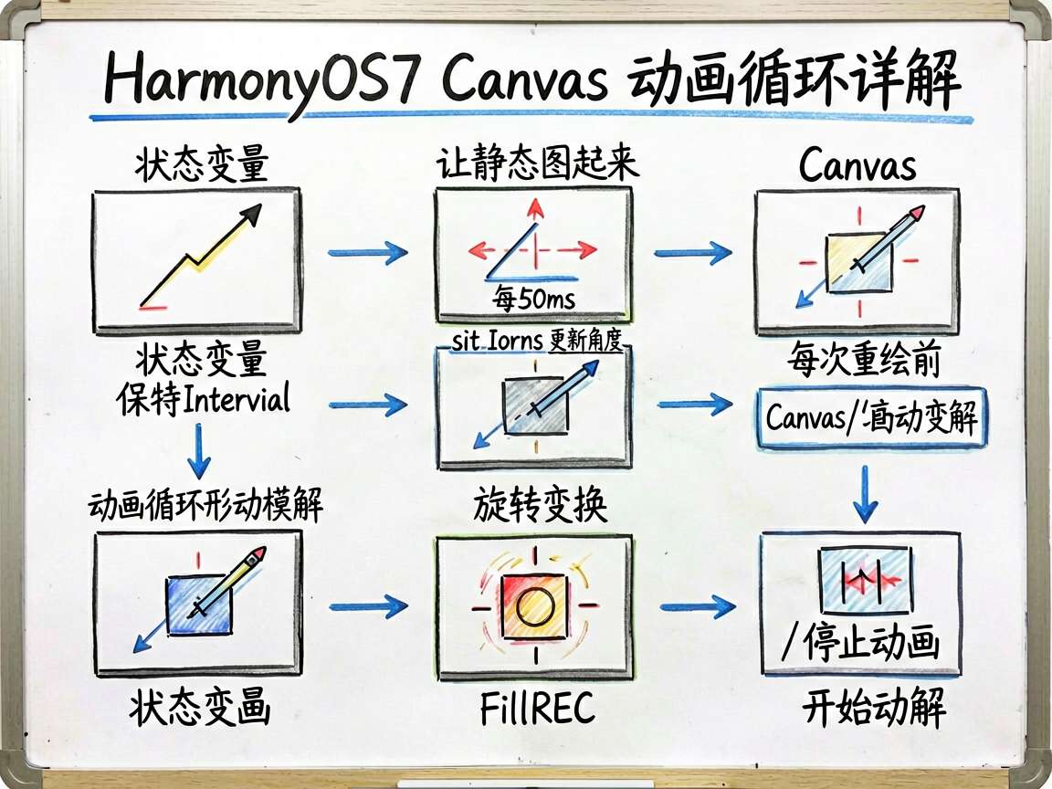 为一篇技术教程生成一张手绘笔记风格的信息图,主题是“HarmonyOS7 Canvas 动画循环详解