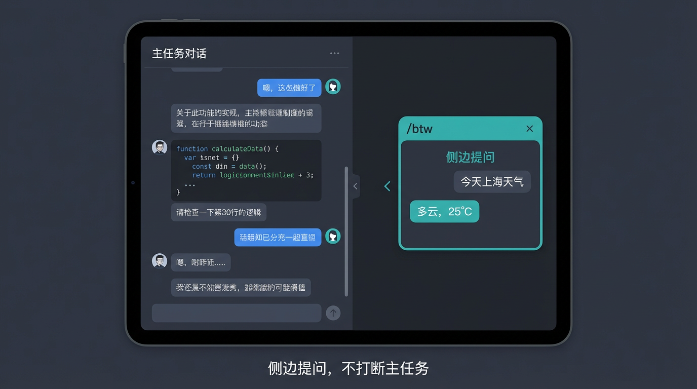 /btw 侧边提问：不打断主任务的快速问答