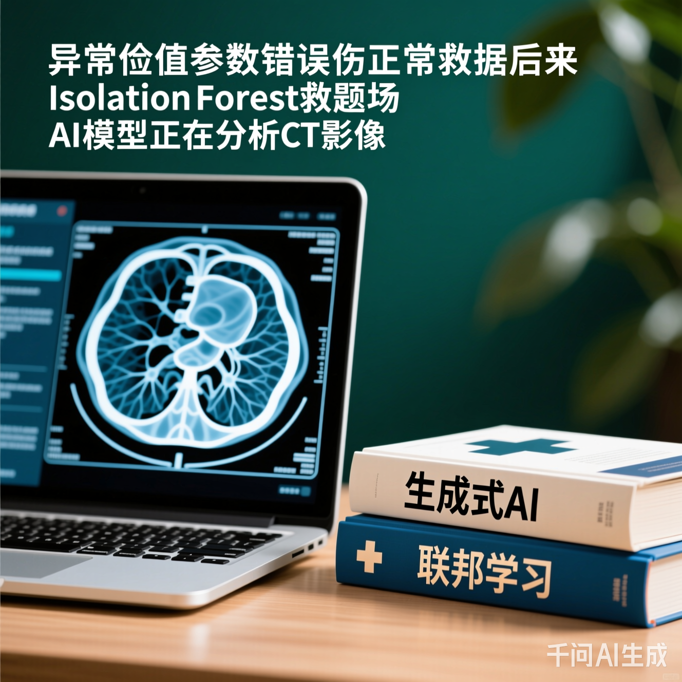 AI模型正在分析CT影像，旁边放着"生成式AI"和"联邦学习"的书