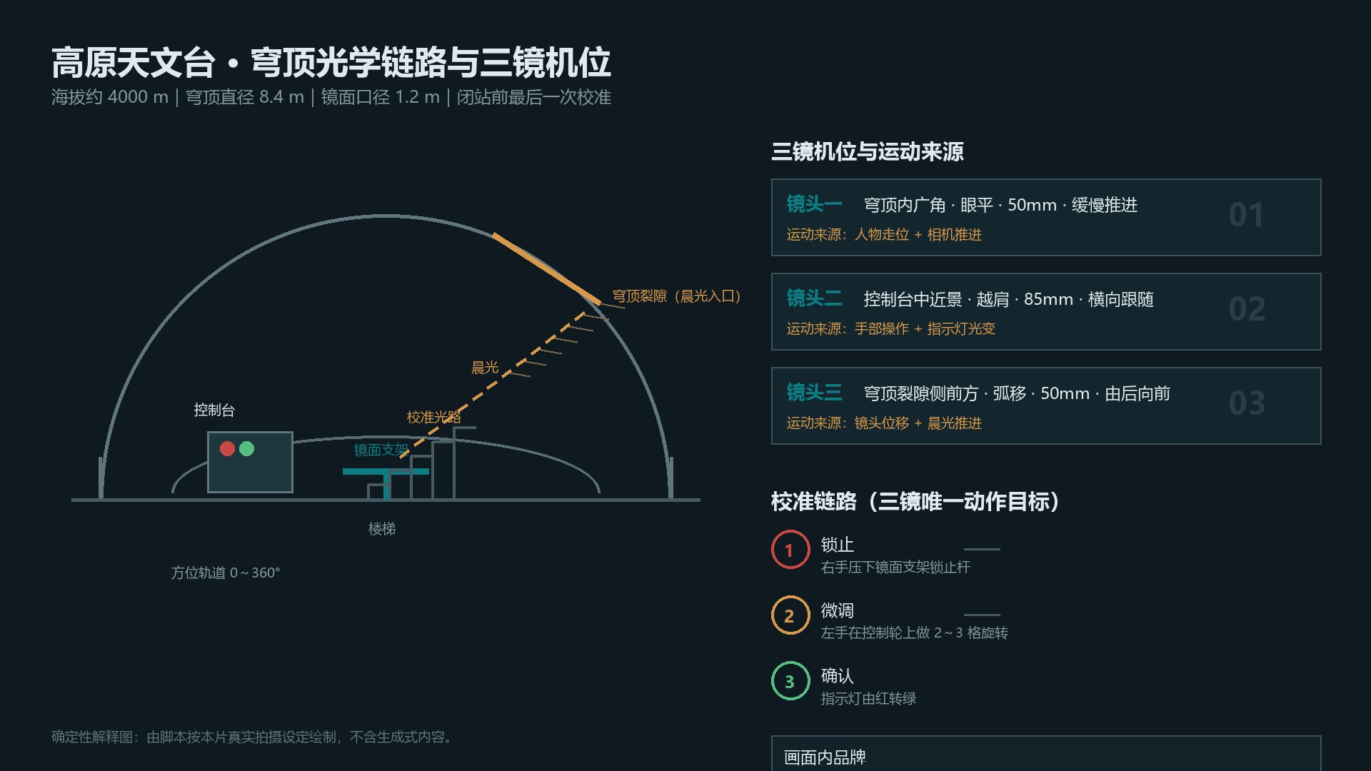 确定性解释图：观测穹顶光学链路与三镜机位、校准链路