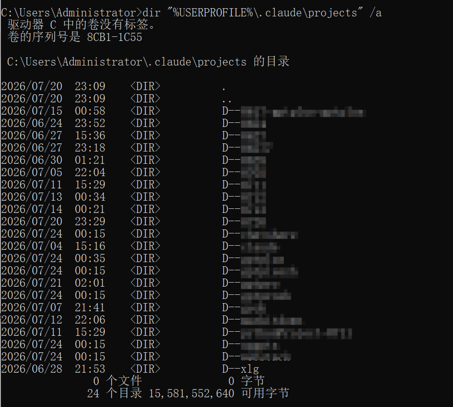 Windows CMD 查看 .claude\projects 目录