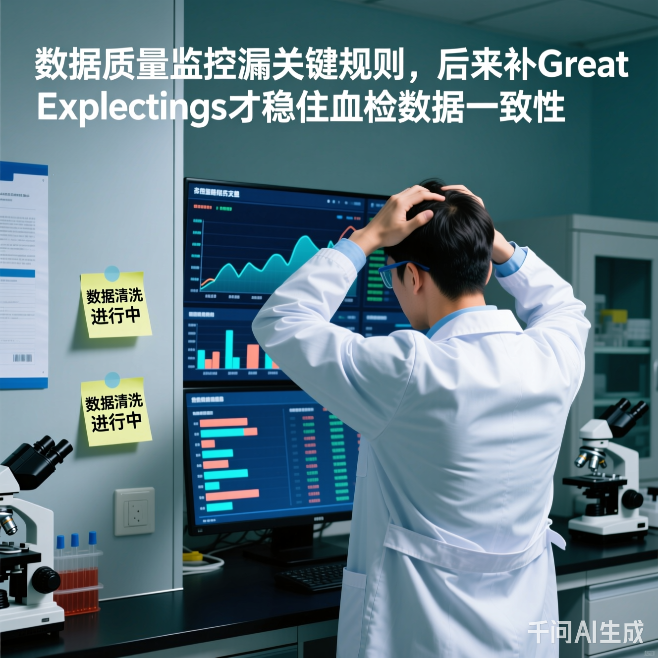 实验室里穿着白大褂的科研人员对着满屏数据挠头,墙上贴着"数据清洗进行中"的便利贴