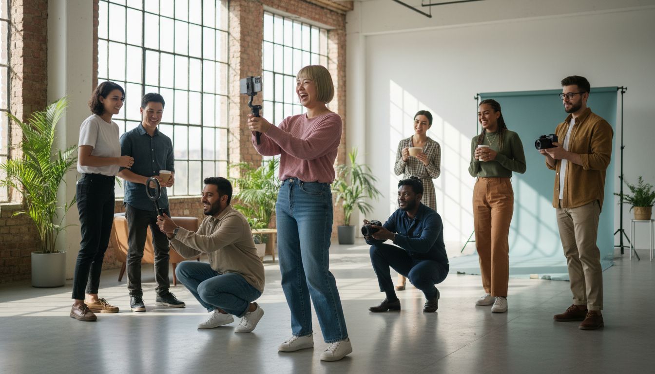 A professional photograph showing diverse micro-influencers creating authentic content on smartphones and cameras in a modern studio setting with natural lighting