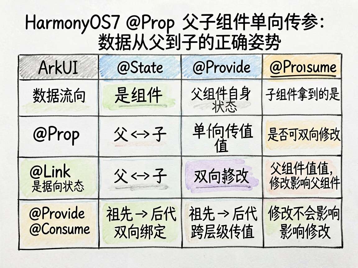 基于文章《HarmonyOS7 @Prop 父子组件单向传参:数据从父到子的正确姿势》绘制一张 sk