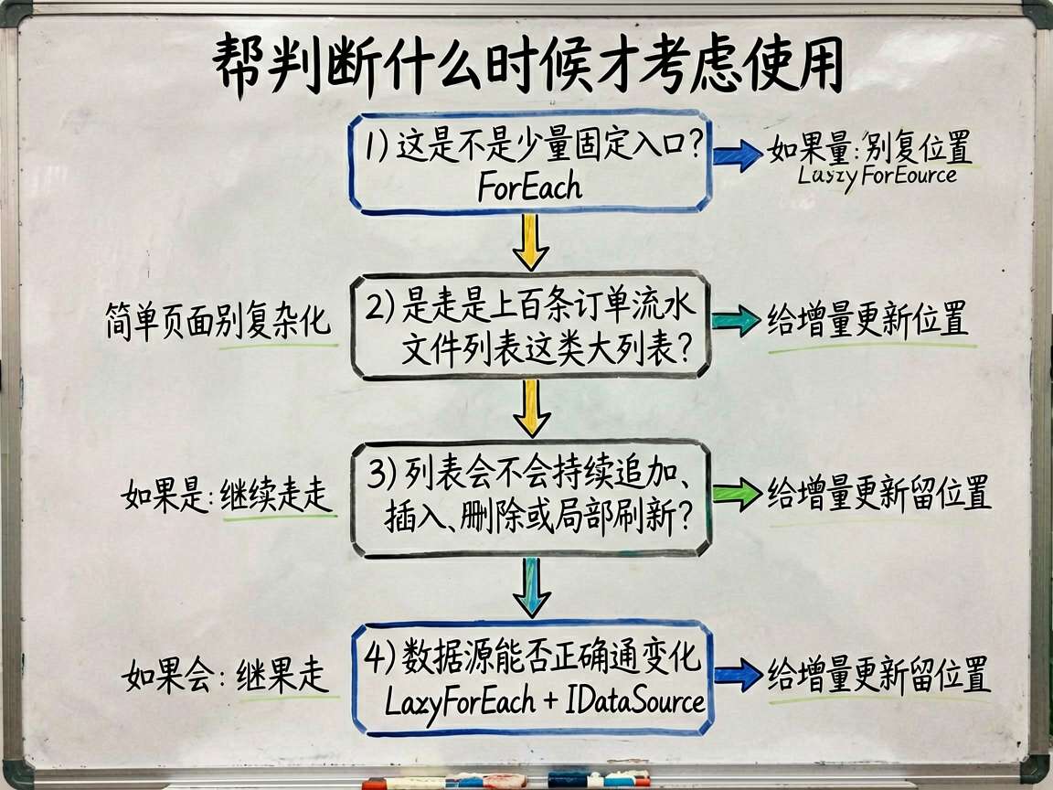 一张手绘流程图,帮助判断什么时候才考虑使用 LazyForEach。流程从顶部开始:1)这是不是少量