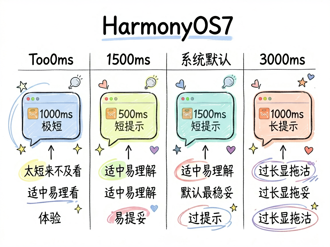 为 HarmonyOS7 文章绘制一张手绘对比图，主题是不同 Toast 显示时长的体验差异。画面分