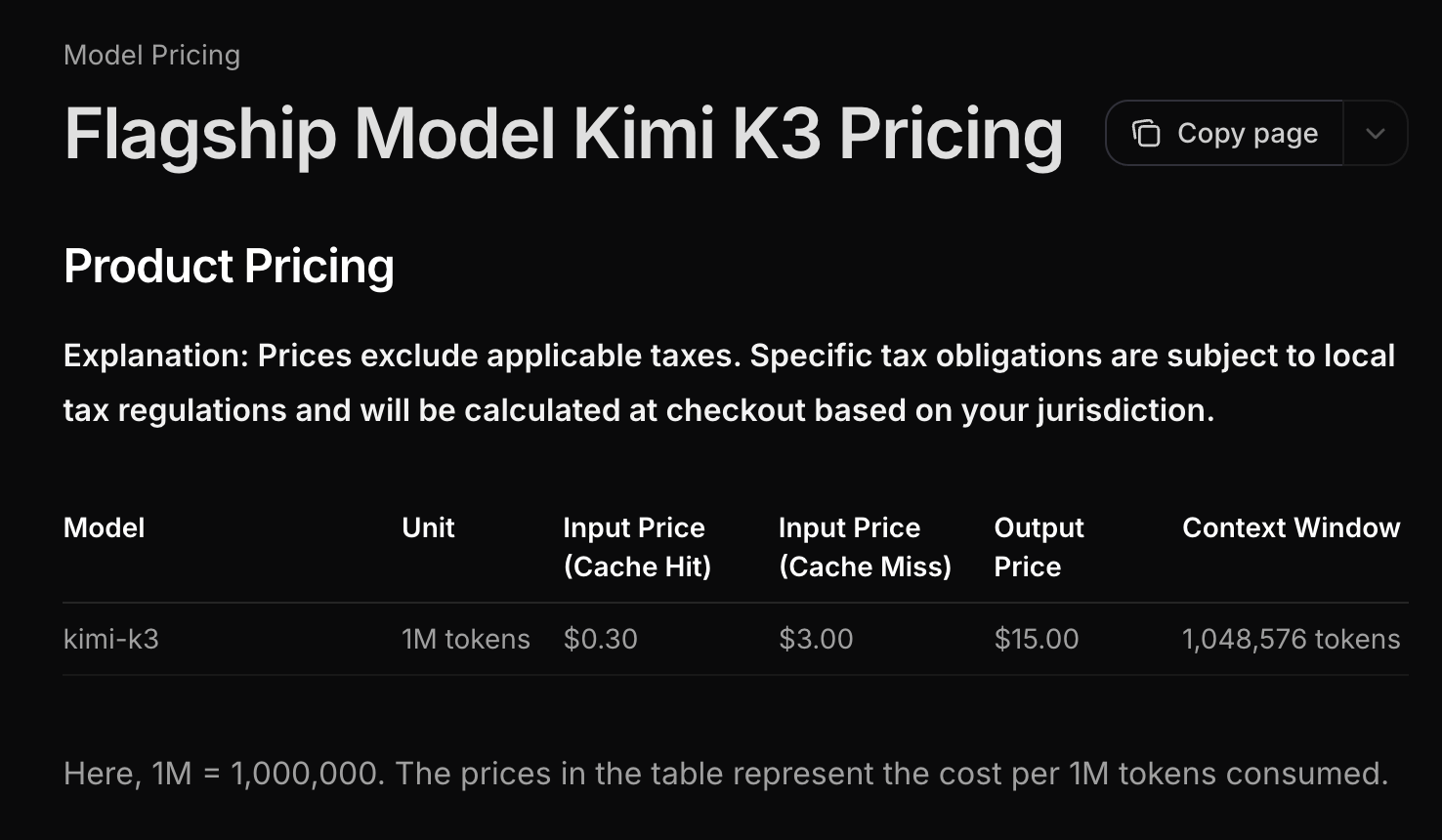 Kimi K3 官方 API 定价