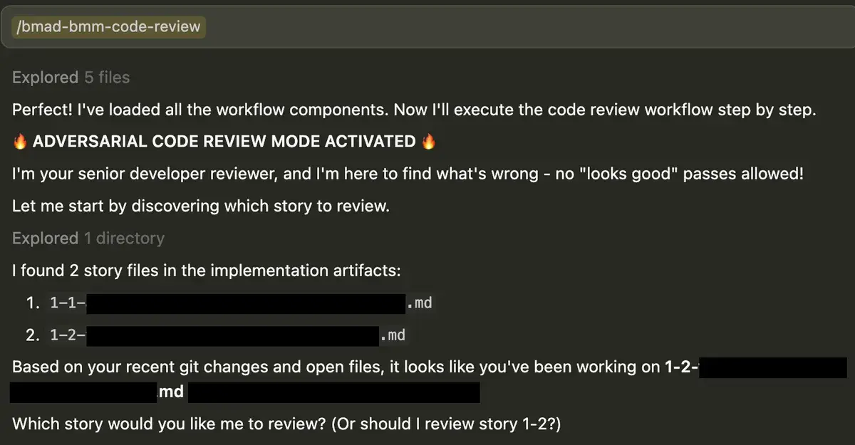 /bmad-bmm-code-review - 对抗性审查激活。