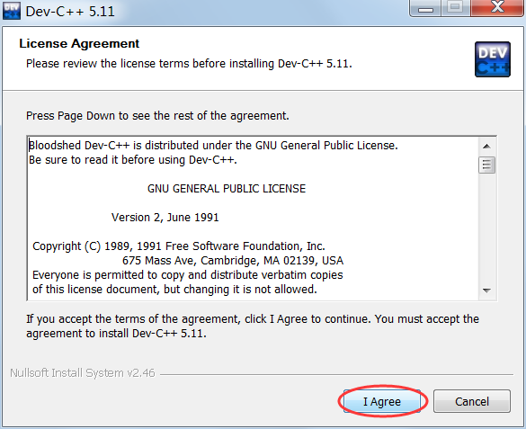 同意 Dev C++ 的各项条款