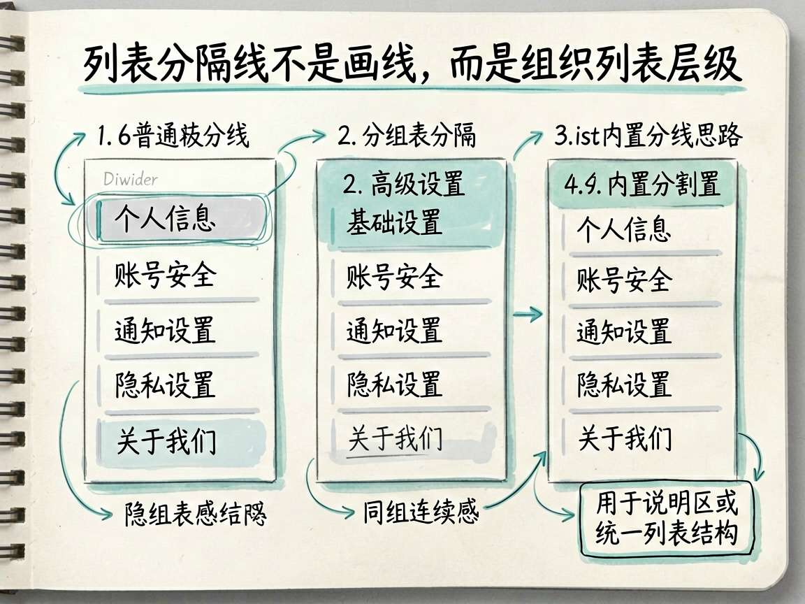 为一篇 HarmonyOS7 技术教程绘制一张手绘笔记风信息图,主题是“列表分隔线不是画线,而是组织