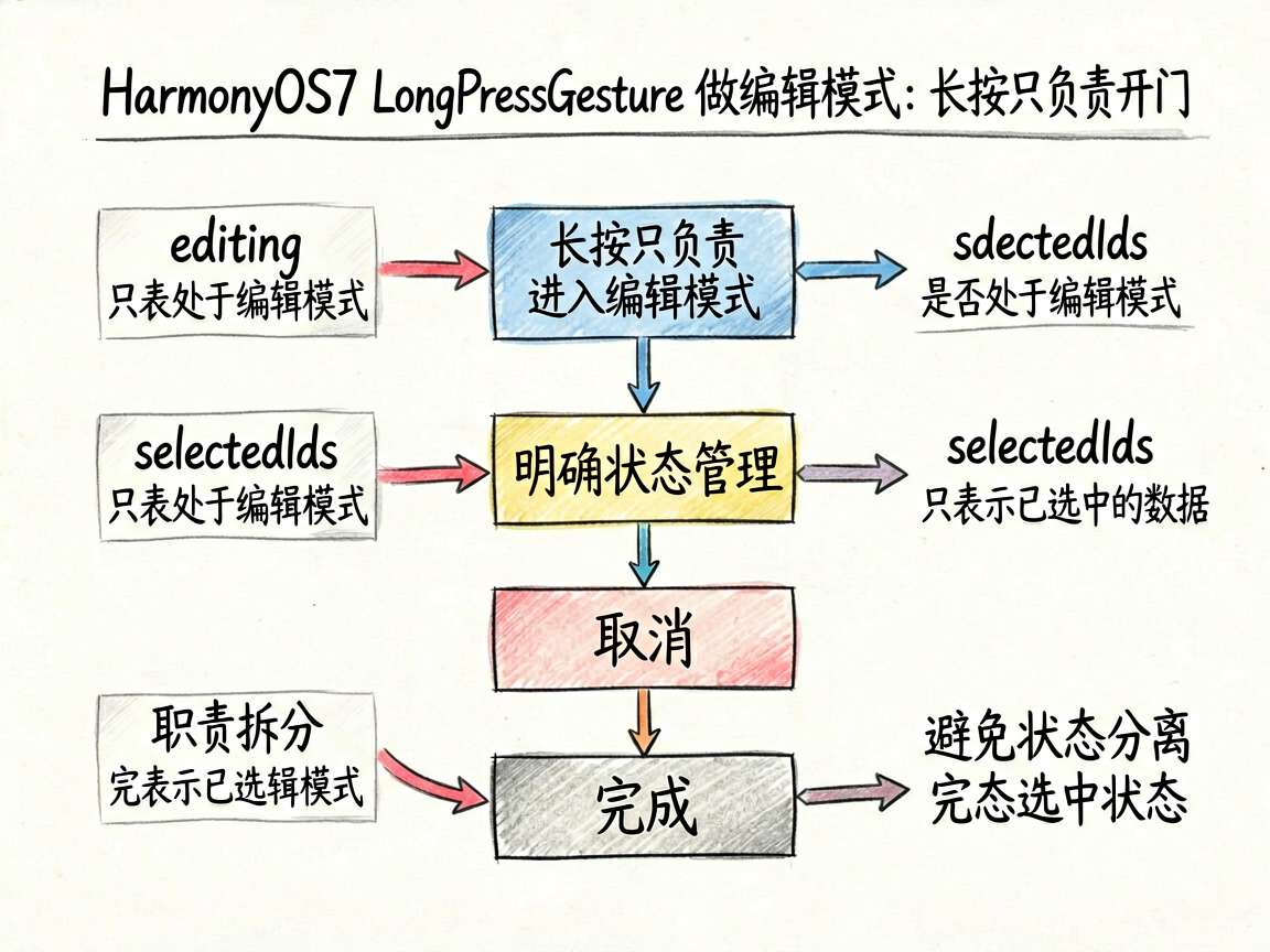 一张适合技术文章的手绘笔记风框架图,主题是“HarmonyOS7 LongPressGesture