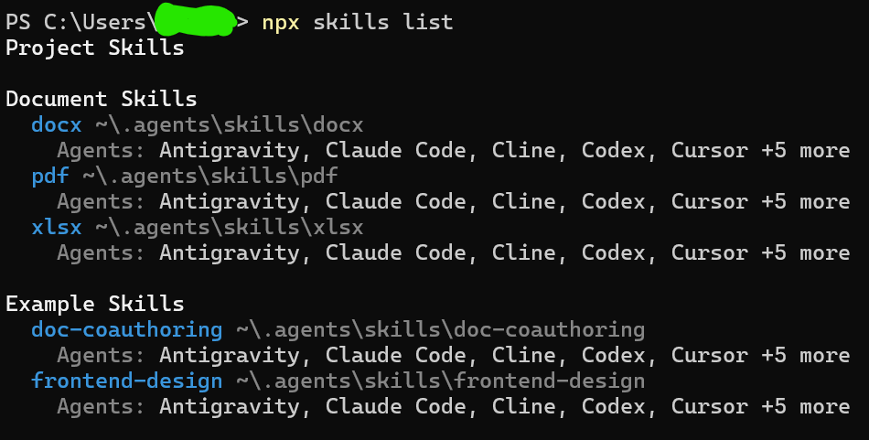 npx skills ls 列表截图
