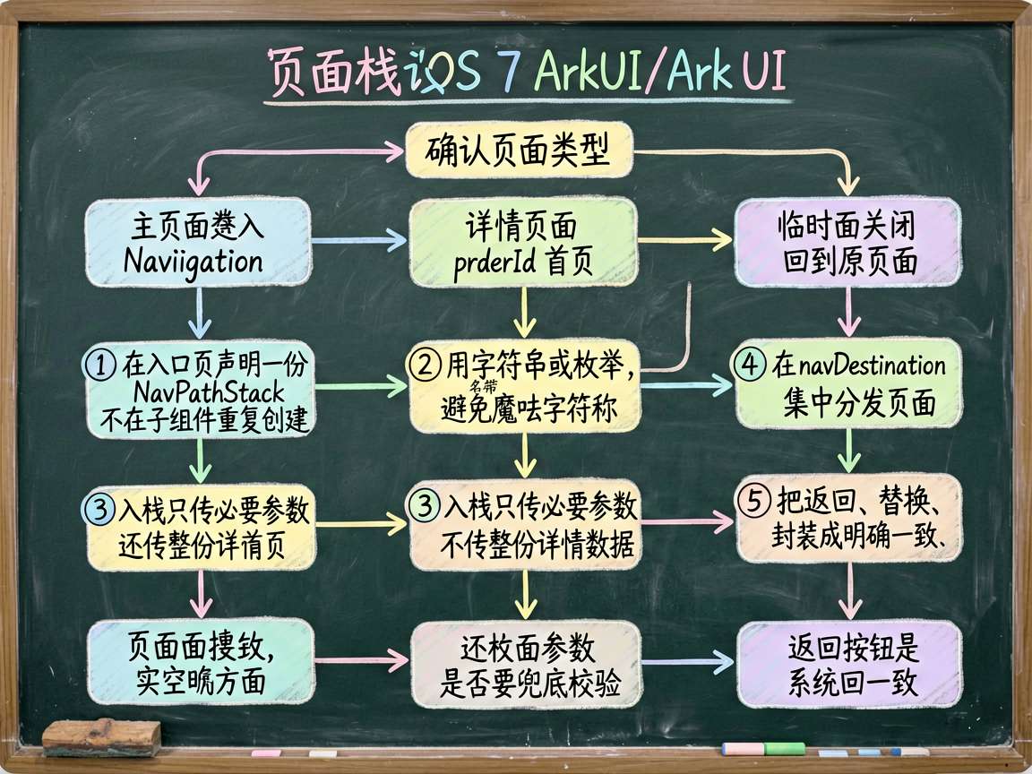 为一篇 HarmonyOS 7 ArkUI/ArkTS 实战文章绘制一张手绘流程图,主题是“页面栈设