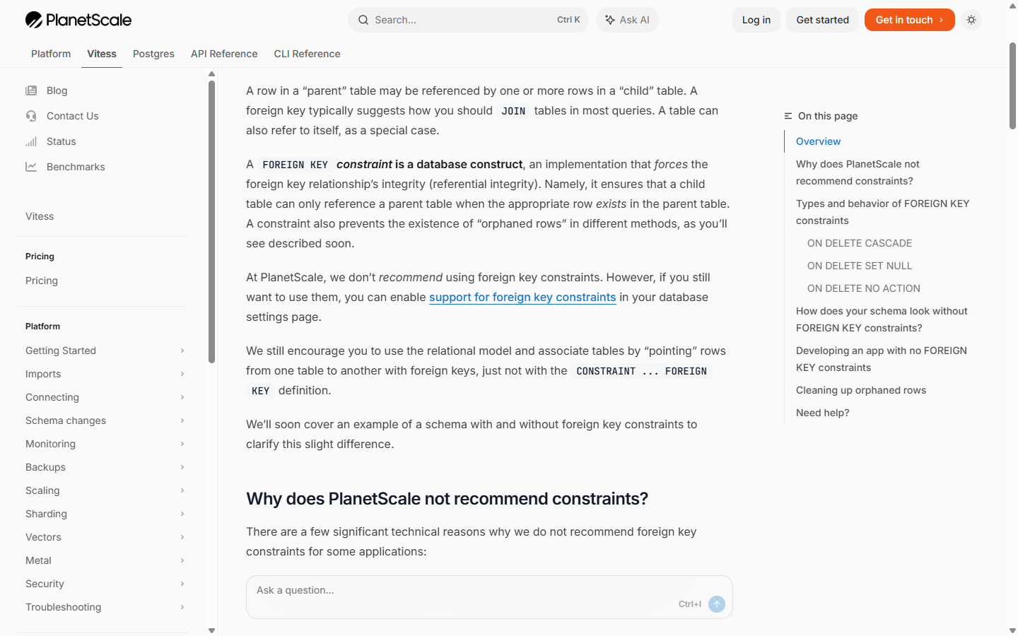 PlanetScale 官方文档 — 明确不推荐使用外键约束