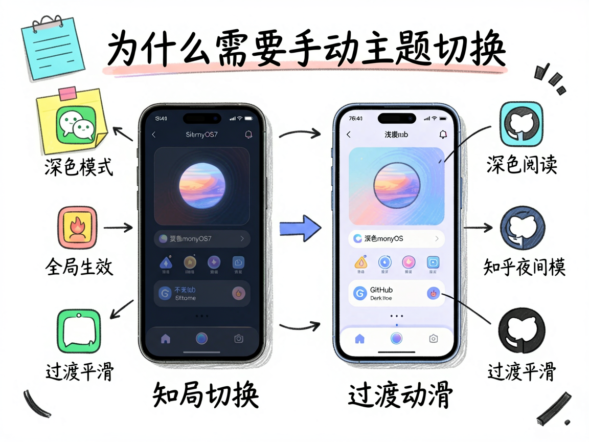 为文章《HarmonyOS7 创意实战：深色/浅色主题切换的丝滑实现》绘制一张手绘笔记风信息图，主题