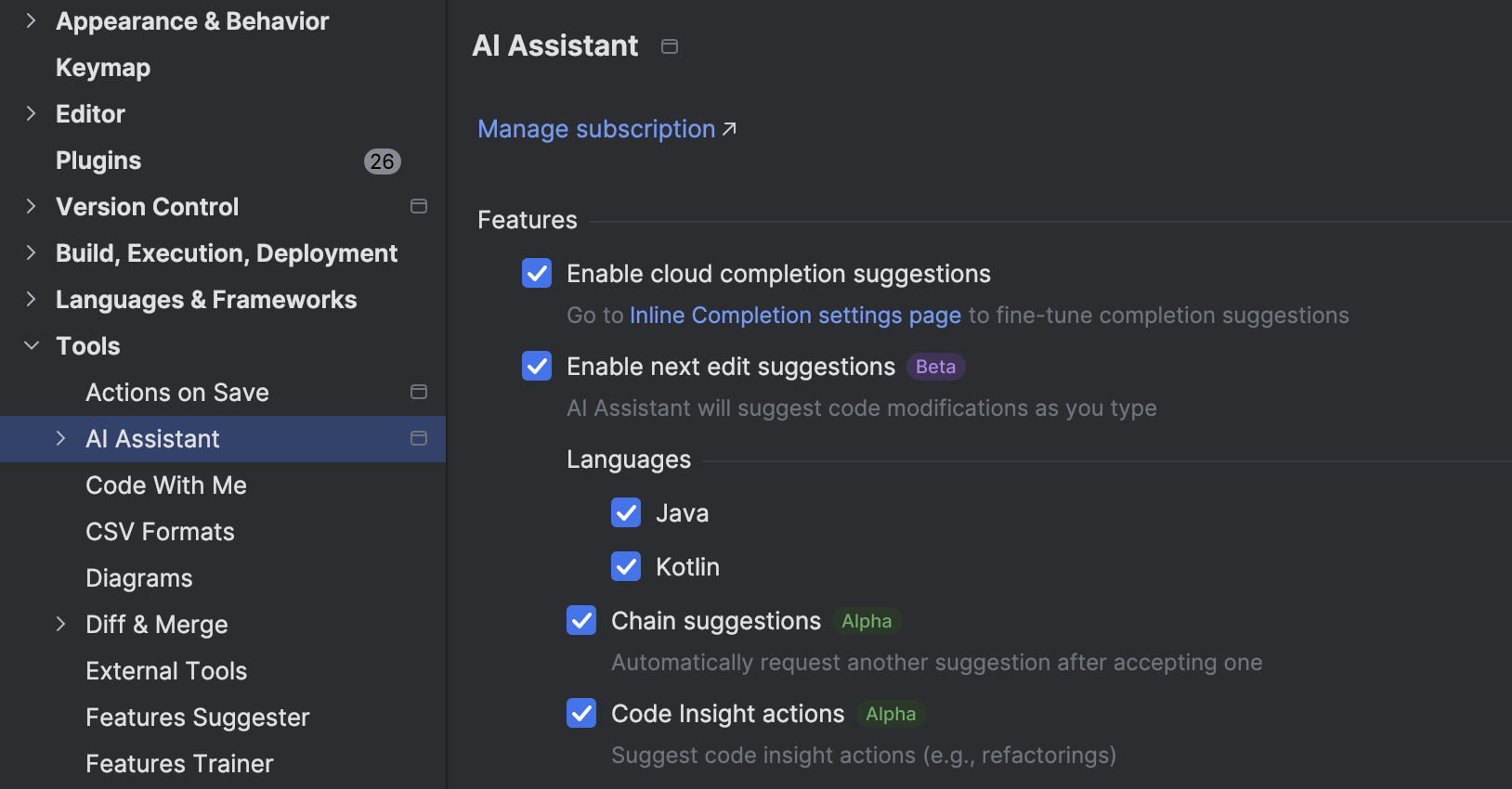 AI Assistant 设置界面