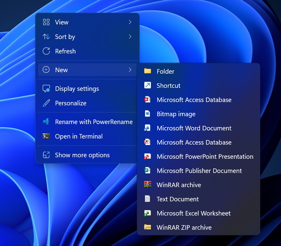 Windows 11 context menu with Acyrlic effect
