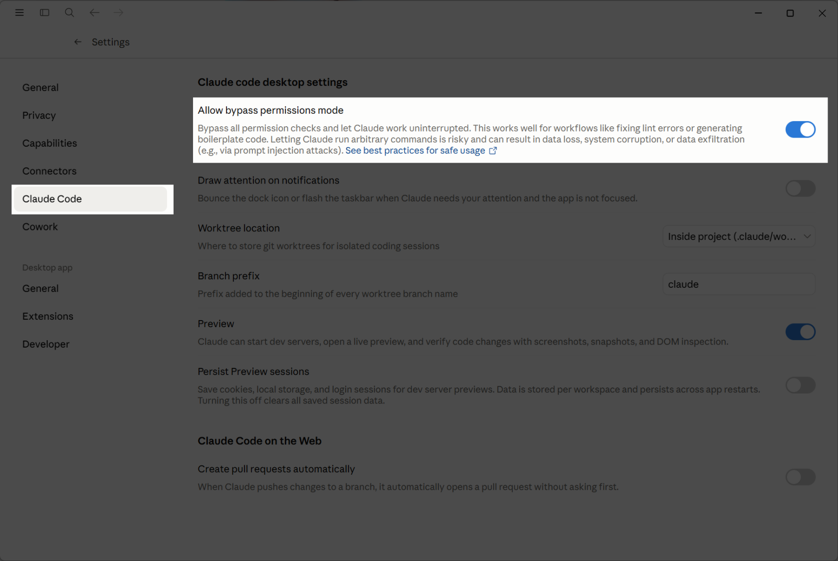 图 45：在 Claude Code 设置中启用 Bypass permissions 模式。