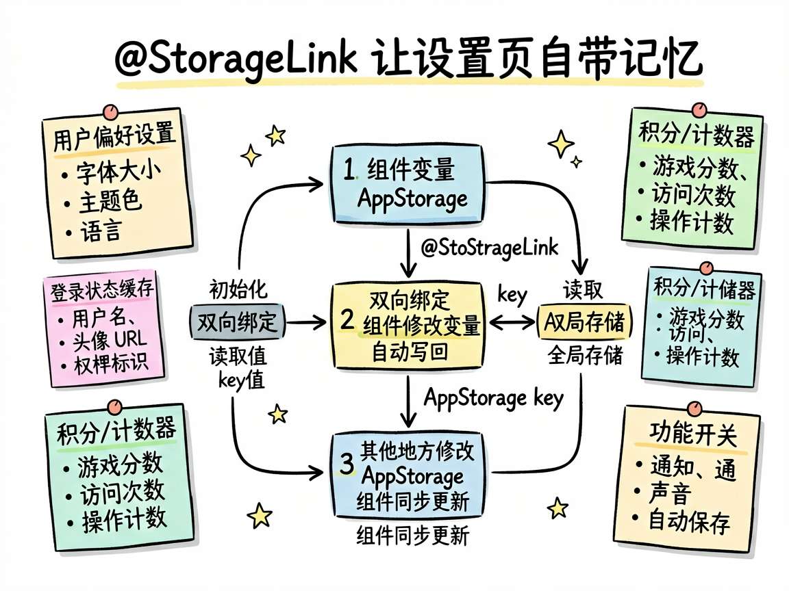 为一篇 HarmonyOS7 教程文章绘制手绘笔记风信息图，主题是“@StorageLink 让设置