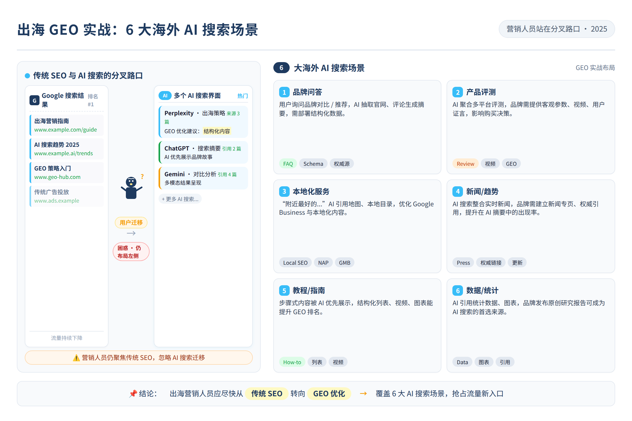 这张图展示了一个出海营销人员站在传统SEO与AI搜索的分叉路口，左边是Google搜索结果页，右边是多个AI搜索界面，用户正在从左侧向右侧迁移，但营销人员还在左边布局，表情困惑。