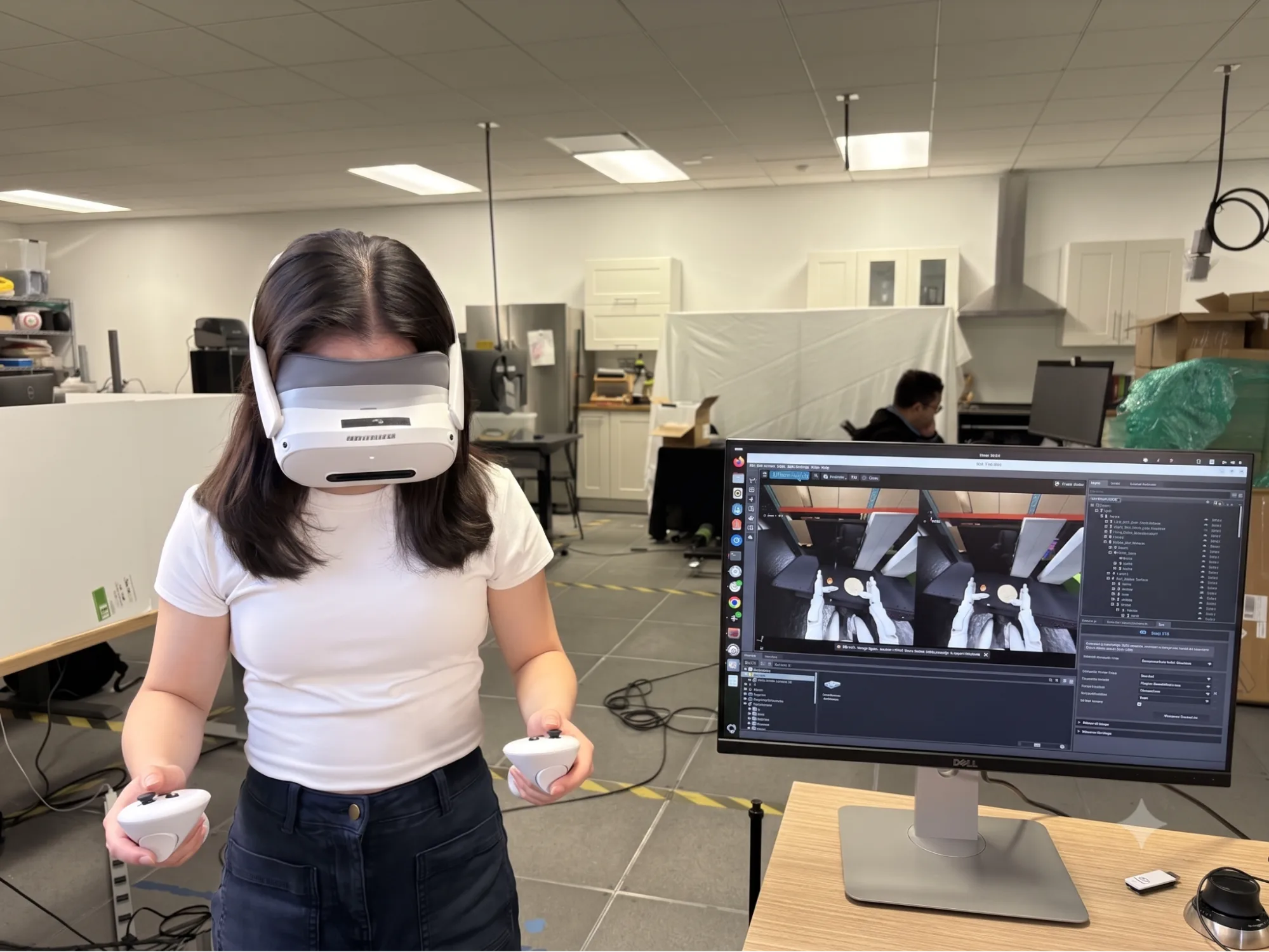 Person wearing a VR headset and holding two controllers while standing beside a monitor that shows a stereoscopic robot teleoperation interface, illustrating demonstration-data collection with Isaac Teleop in a lab setting.
