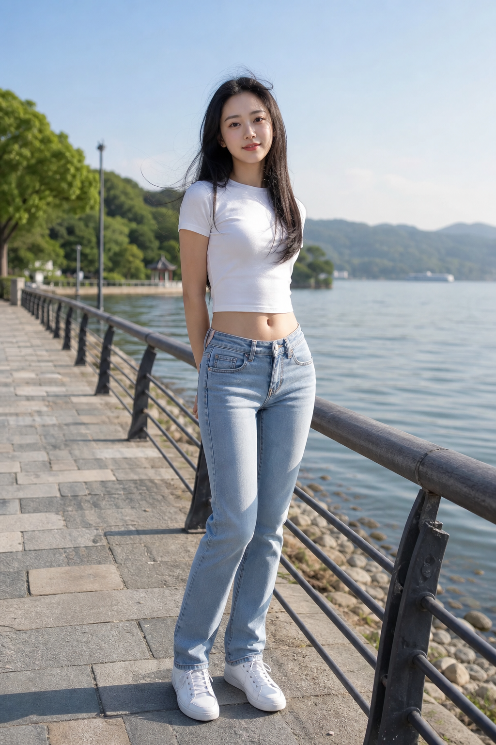 湖畔晨光中的浅蓝牛仔裤造型
