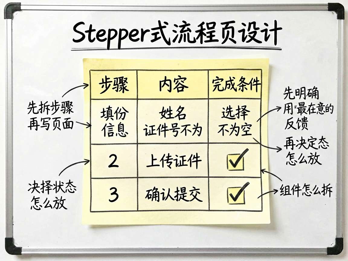 为一篇讲解 Stepper 式流程页设计原则的技术文章绘制一张手绘笔记风格的教程信息图,重点解释“先