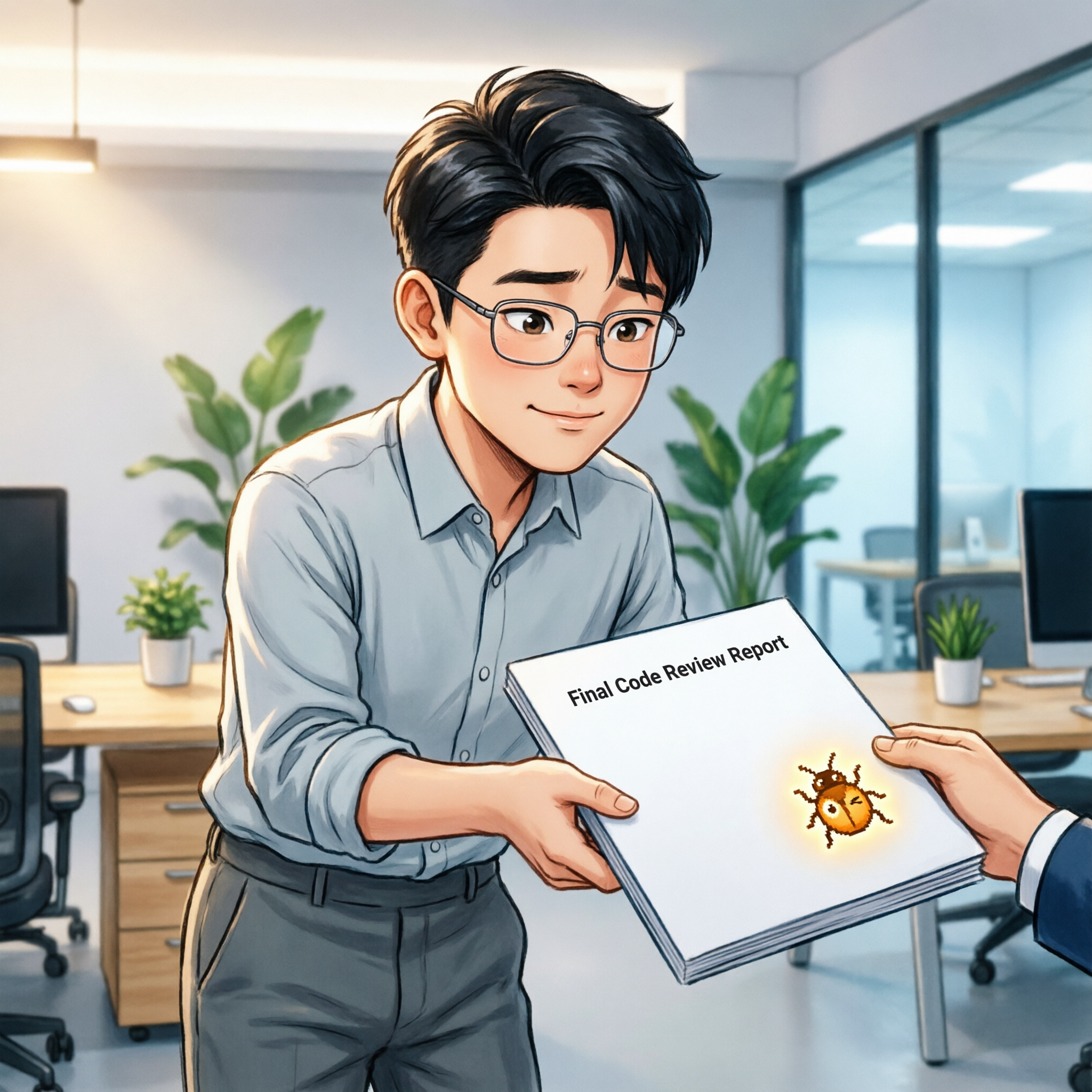AI实习生递交一份看似完美但角落藏着小bug的幽默办公室插画