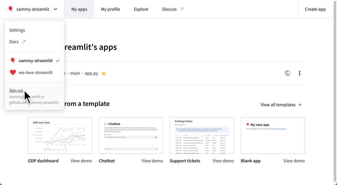 退出Streamlit Community Cloud登录