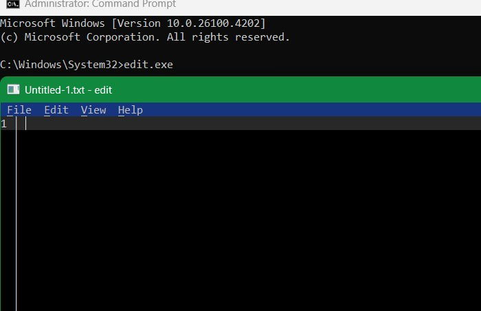 Microsoft Edit launched from Command Prompt through "edit.exe" command.