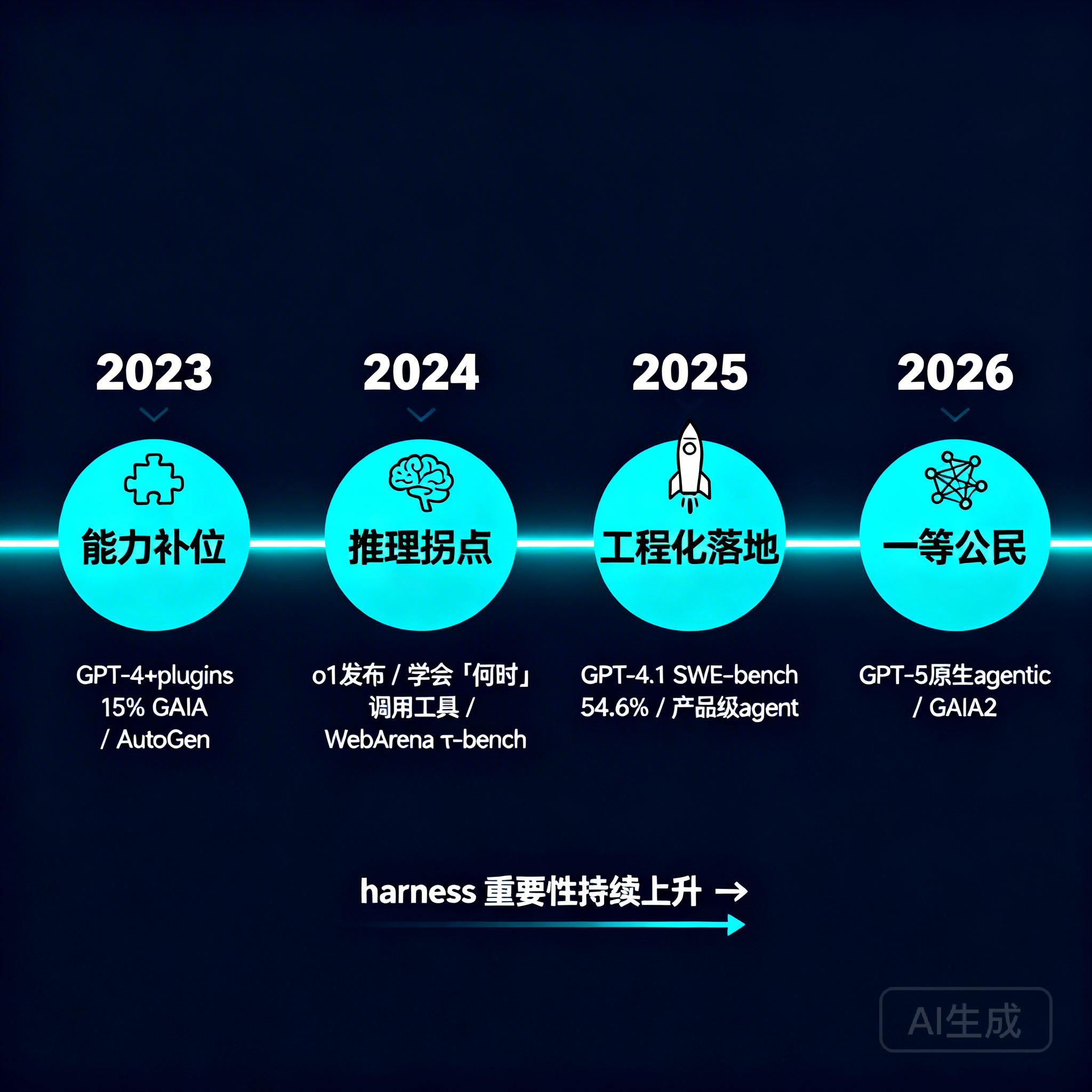 agentic 工程化演进时间线:能力补位 → 推理拐点 → 工程化落地 → 一等公民