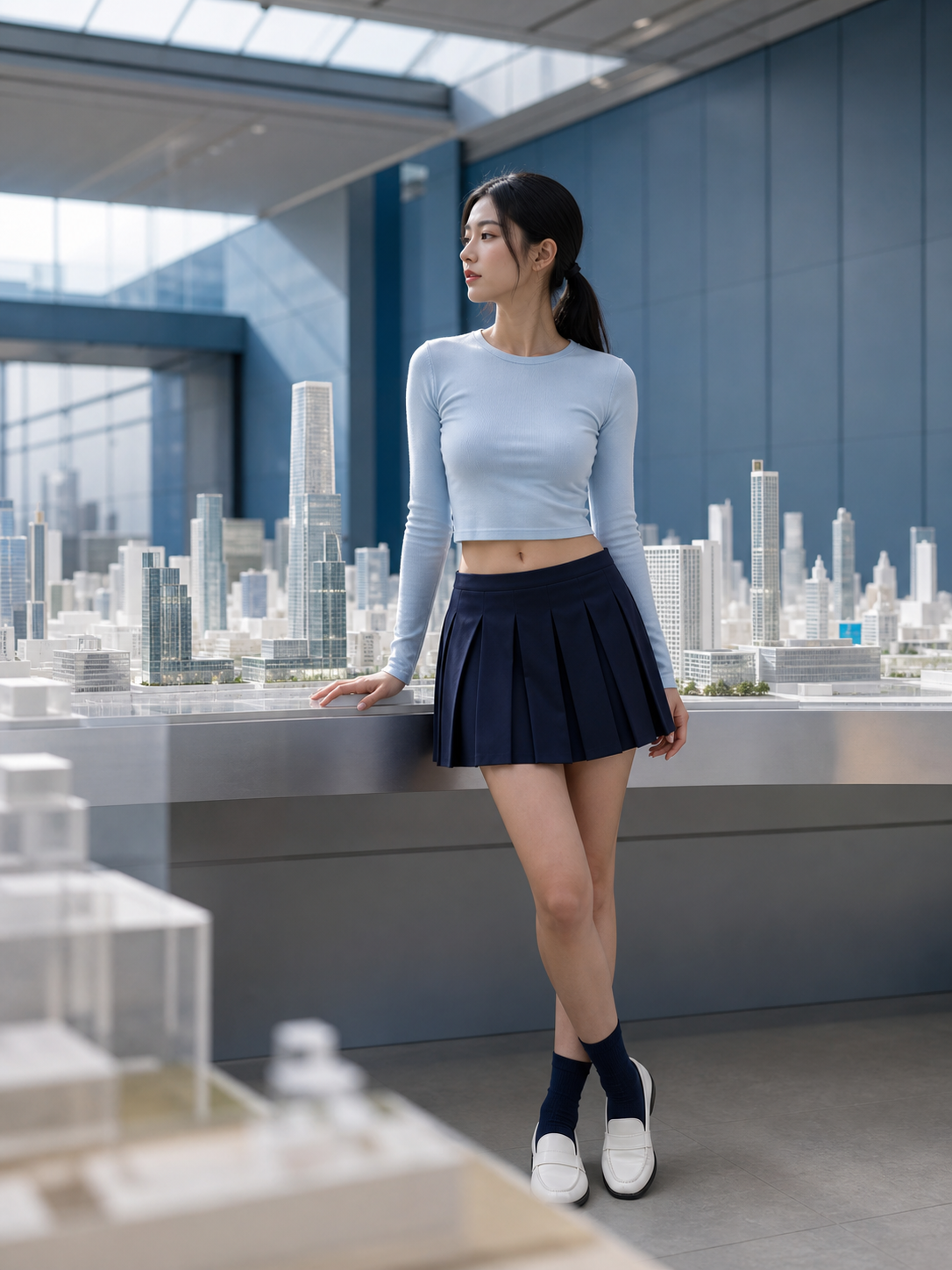 城市模型展厅中穿海军蓝成年学院风百褶裙的亚洲成年女性