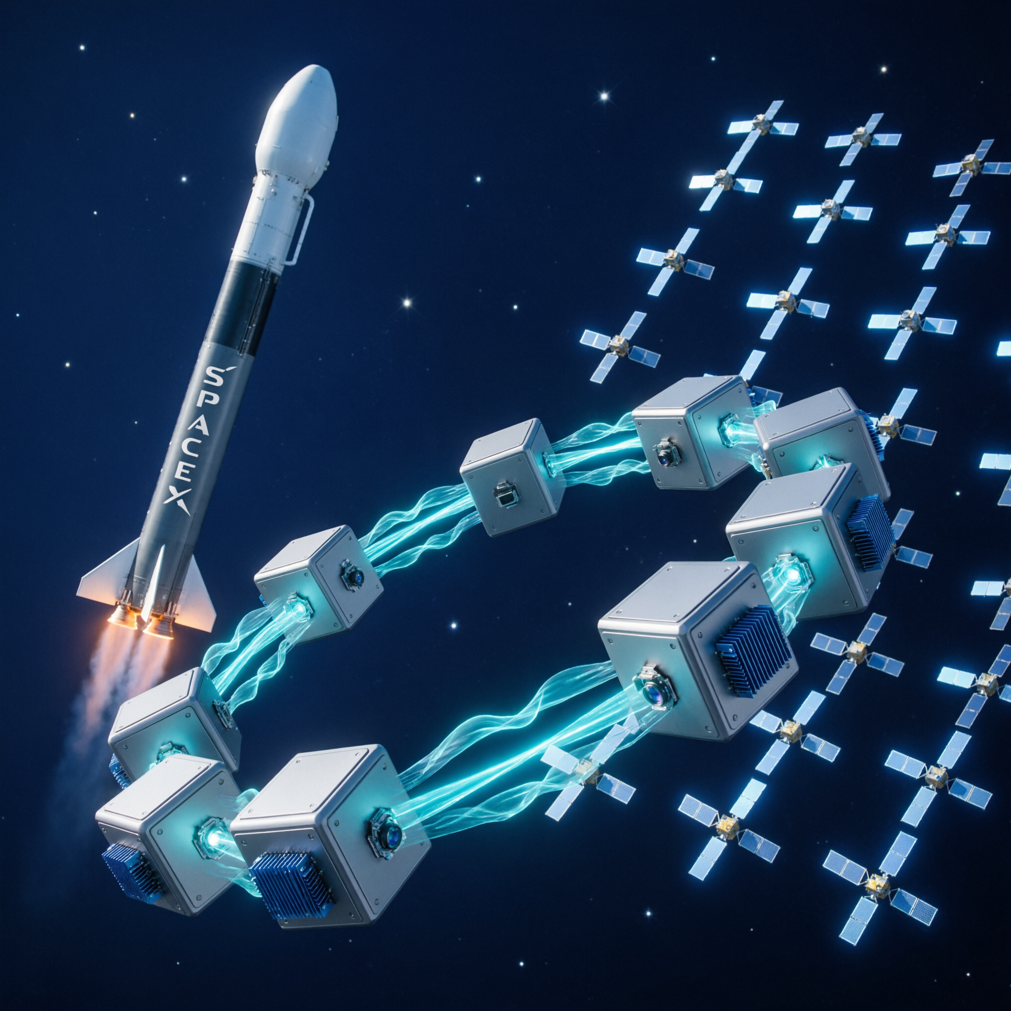 马斯克商业版图重构太空AI未来概念插画