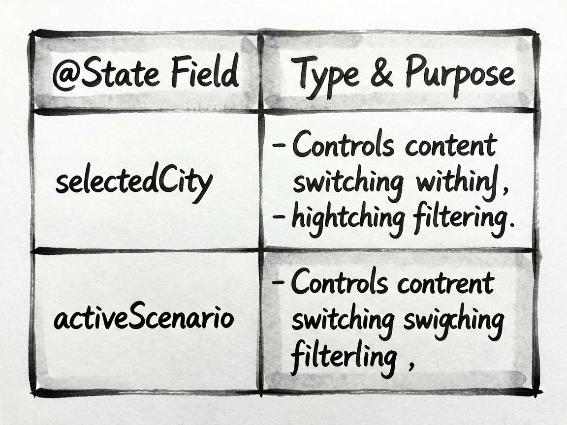 Ink-style comparison chart showing ArkUI State Fie