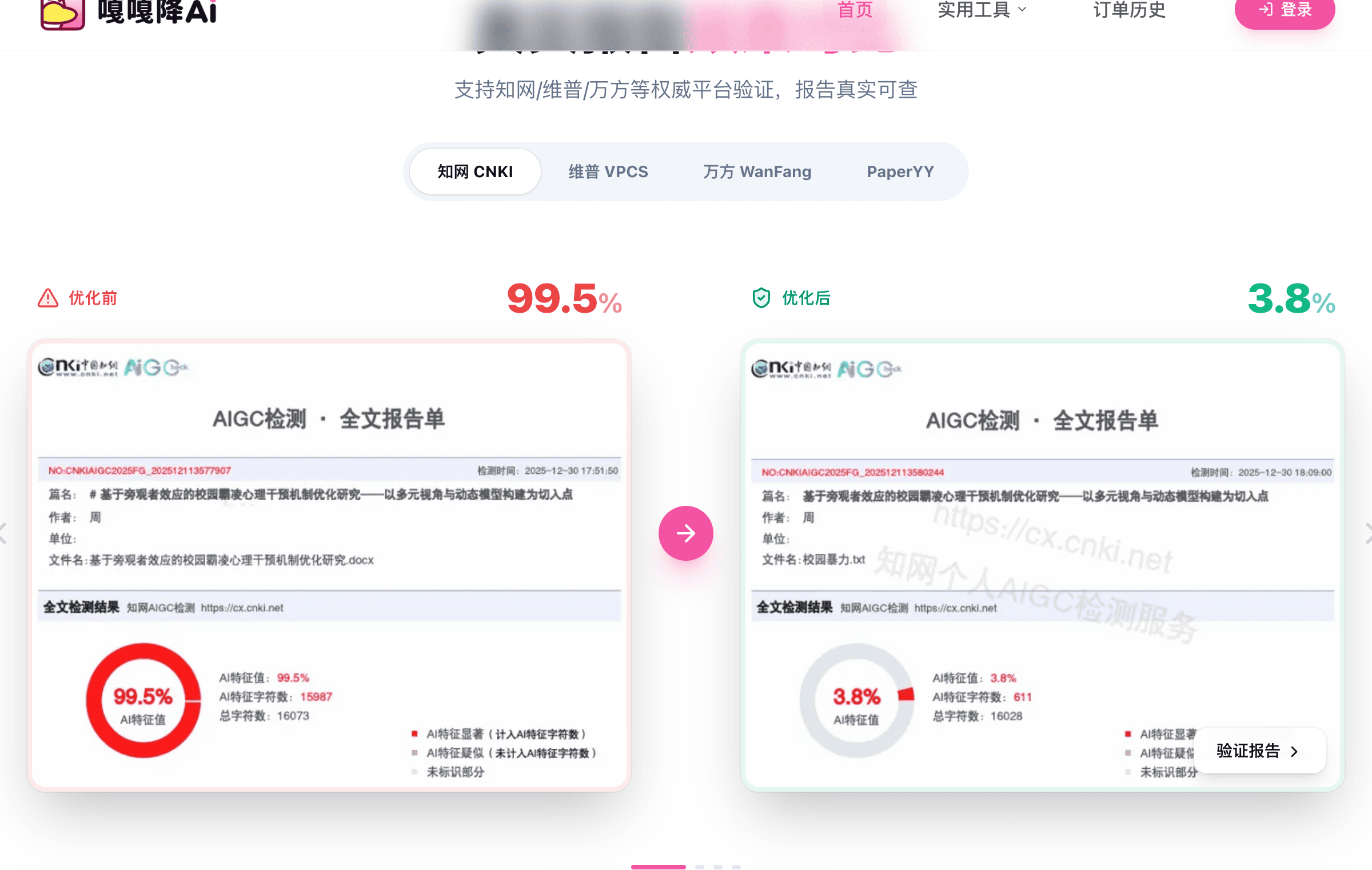嘎嘎降 AI 知网 AIGC 检测优化前后：99.5% 降到 3.8%