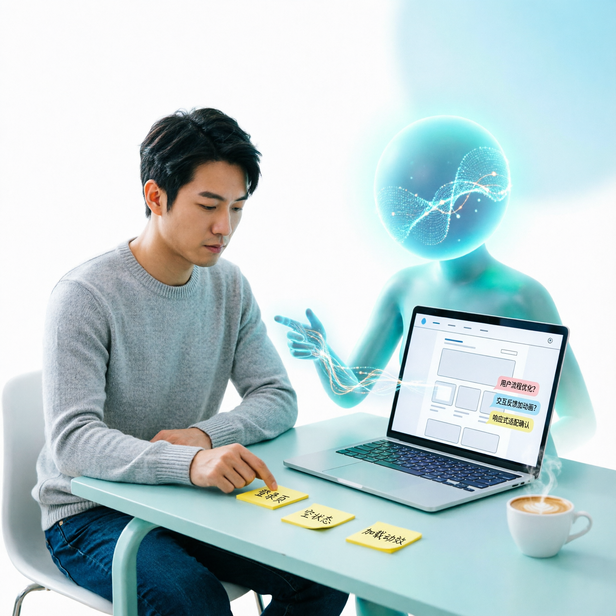 一个新手和AI搭档在电脑前协作做产品原型的轻松插画