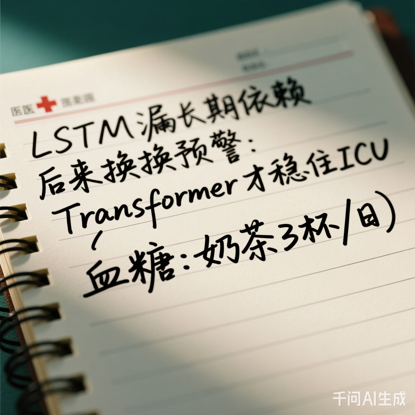 手写病历本特写，潦草字迹旁标注着"血糖：奶茶3杯/日"