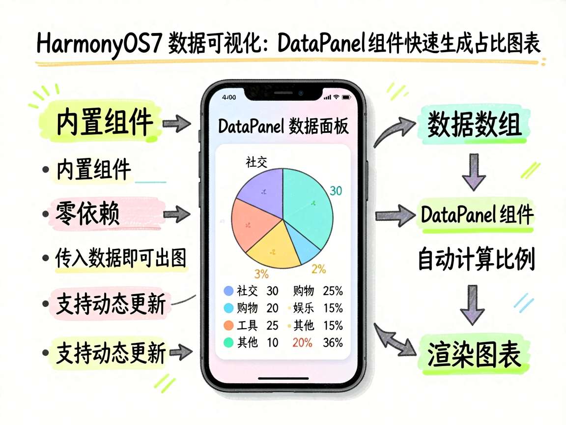 一张手绘笔记风格的知识信息图，主题为“HarmonyOS7 数据可视化：DataPanel 组件快速