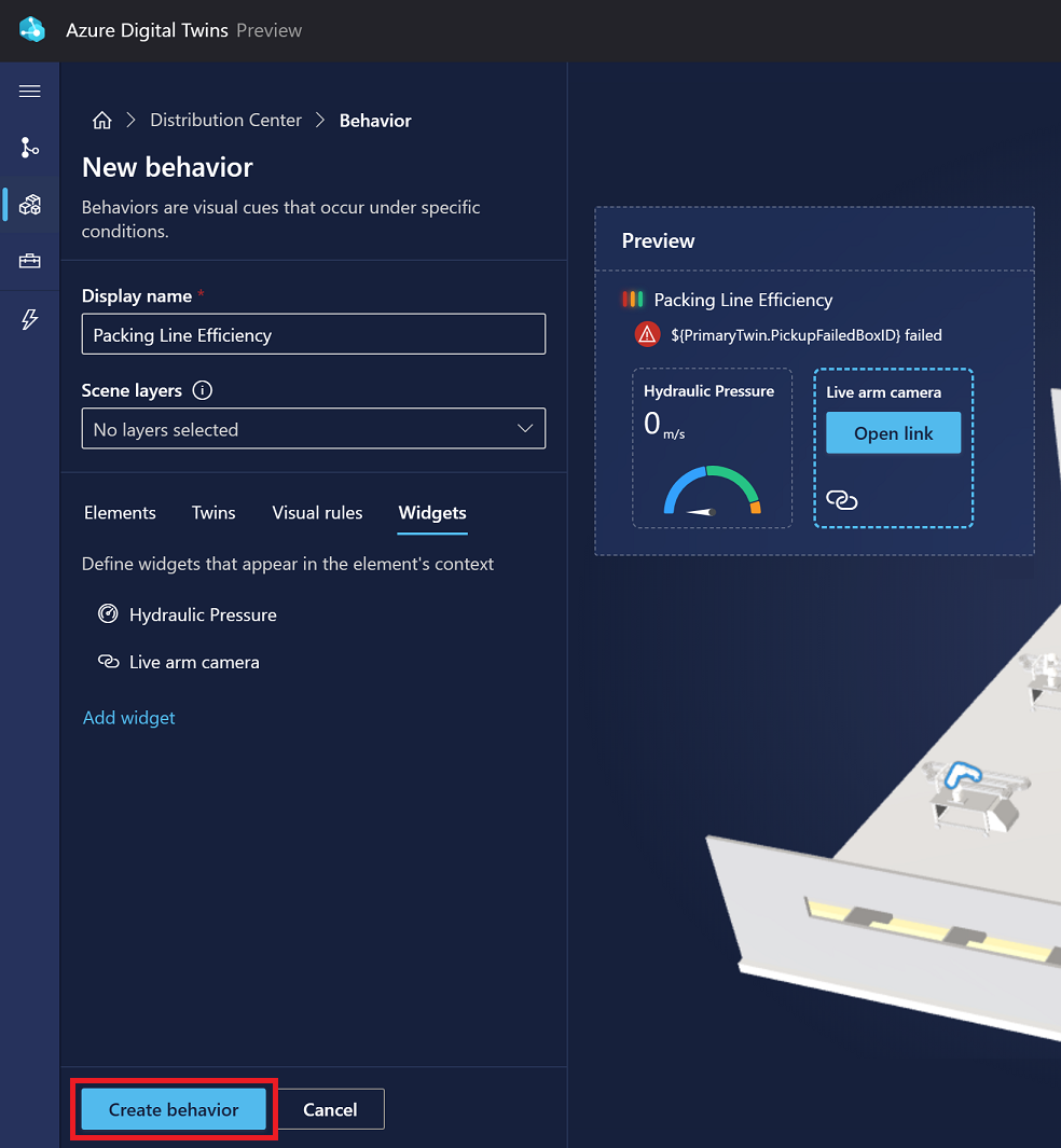 3D 场景工作室中“新行为”选项的屏幕截图,突出显示了“创建行为”。