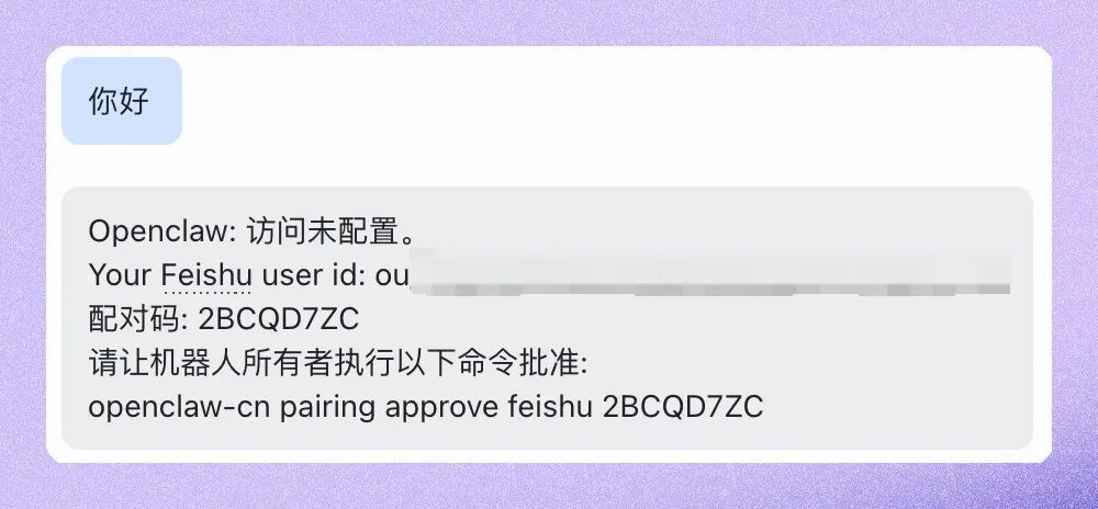 手机飞书中成功与OpenClaw对话的截图:OpenClaw回复了消息