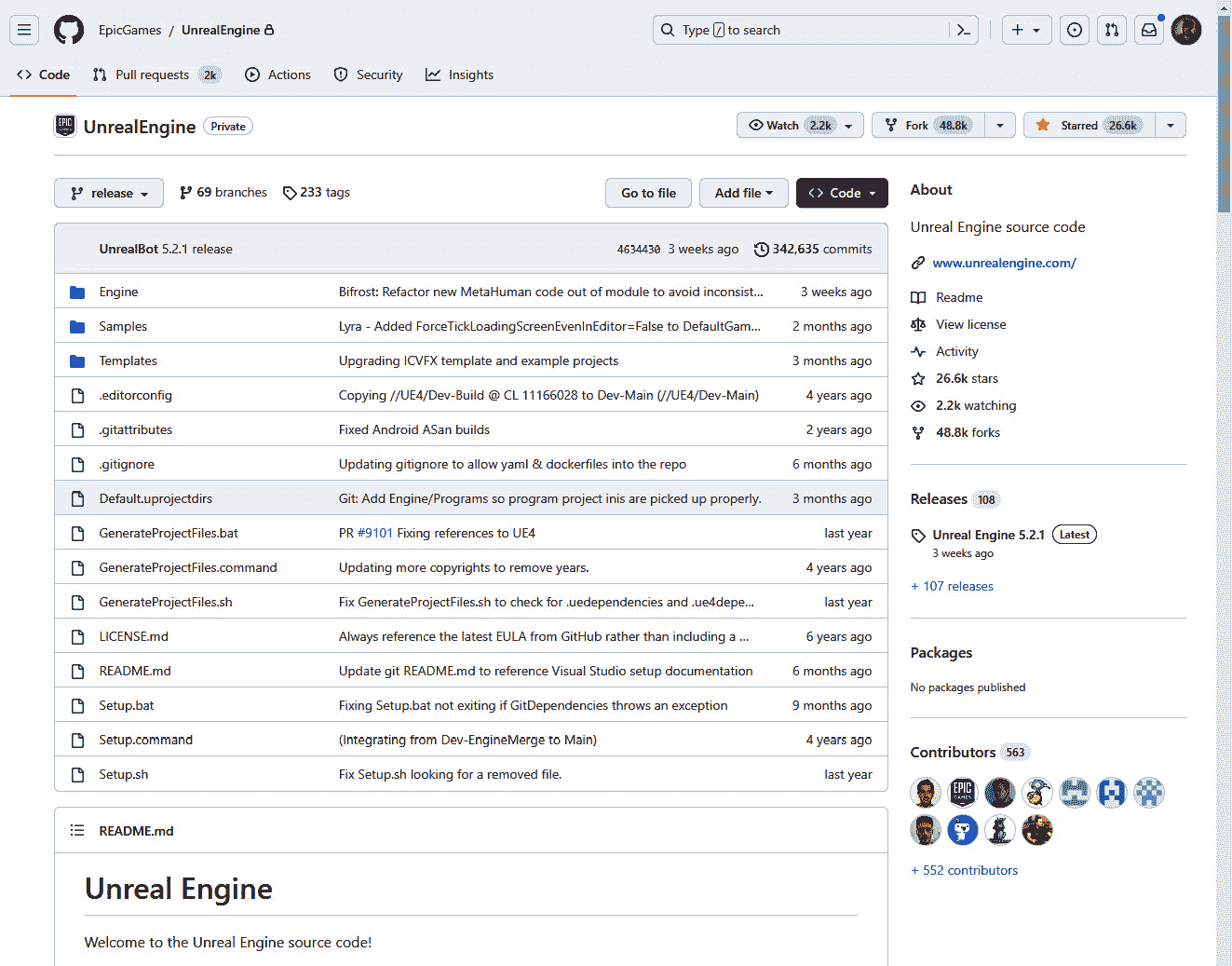 图 14.1 – Unreal Engine 的 GitHub 页面